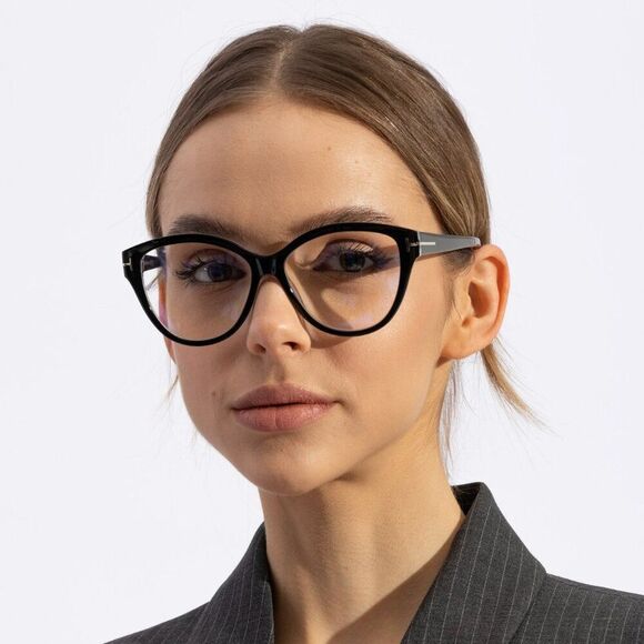 Tom Ford Woman Eyeglasses Black Crystal Blue Light Block Cat Eye FT5954-B 003